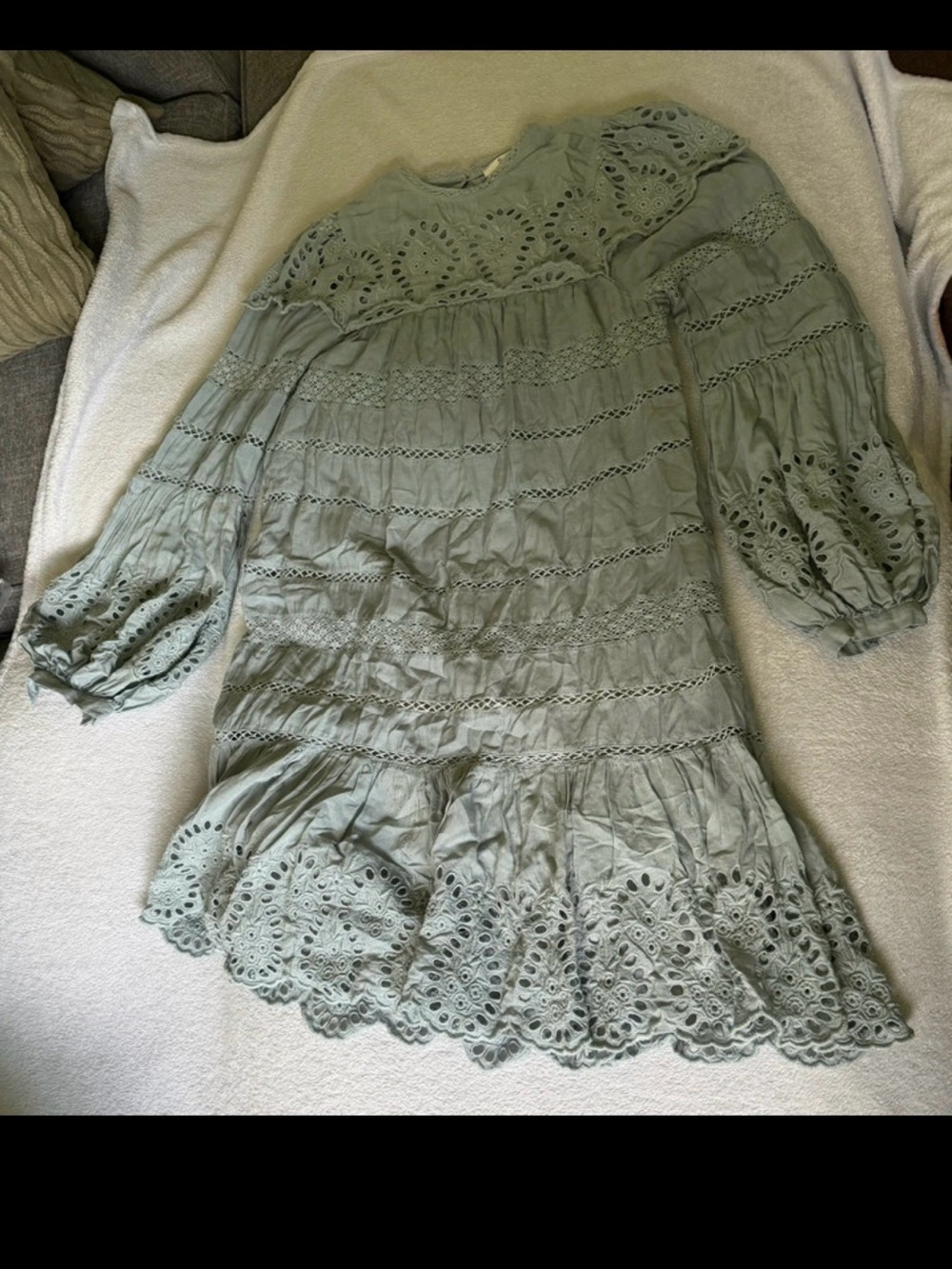 Sage Green Eyelet Tiered Dress with Puff Sleeves